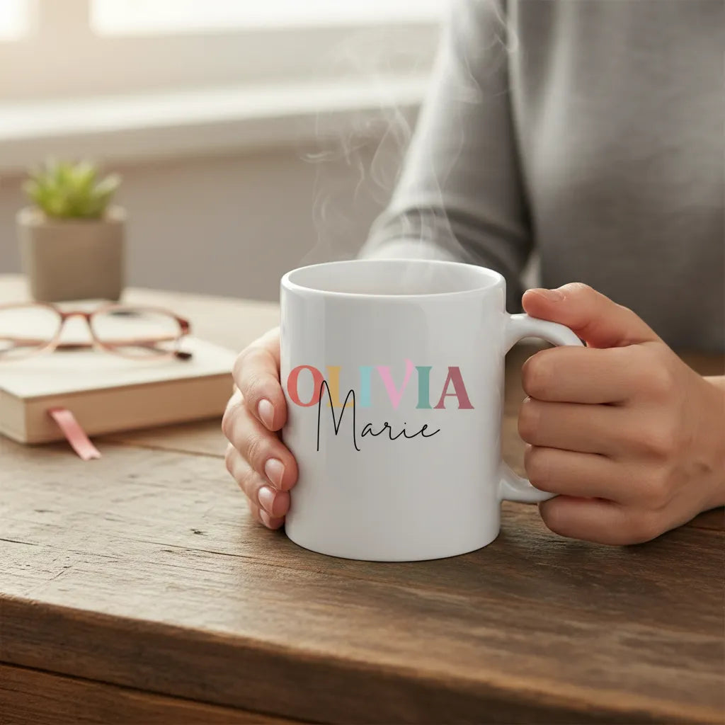 Gepersonaliseerde mok met naam – Kleurrijke voornaam & sierlijke achternaam