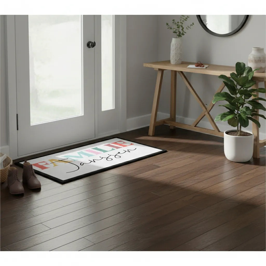 Deurmat gepersonaliseerd met familienaam – Kleurrijk & sierlijk ontwerp - In 3 verschillende maten