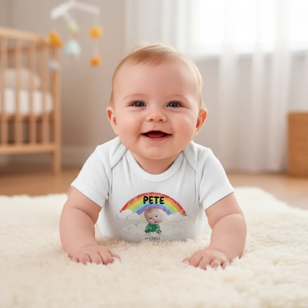 Rompertje gepersonaliseerd met Babyfoto – Naam & geboortedatum - Maat 62/68