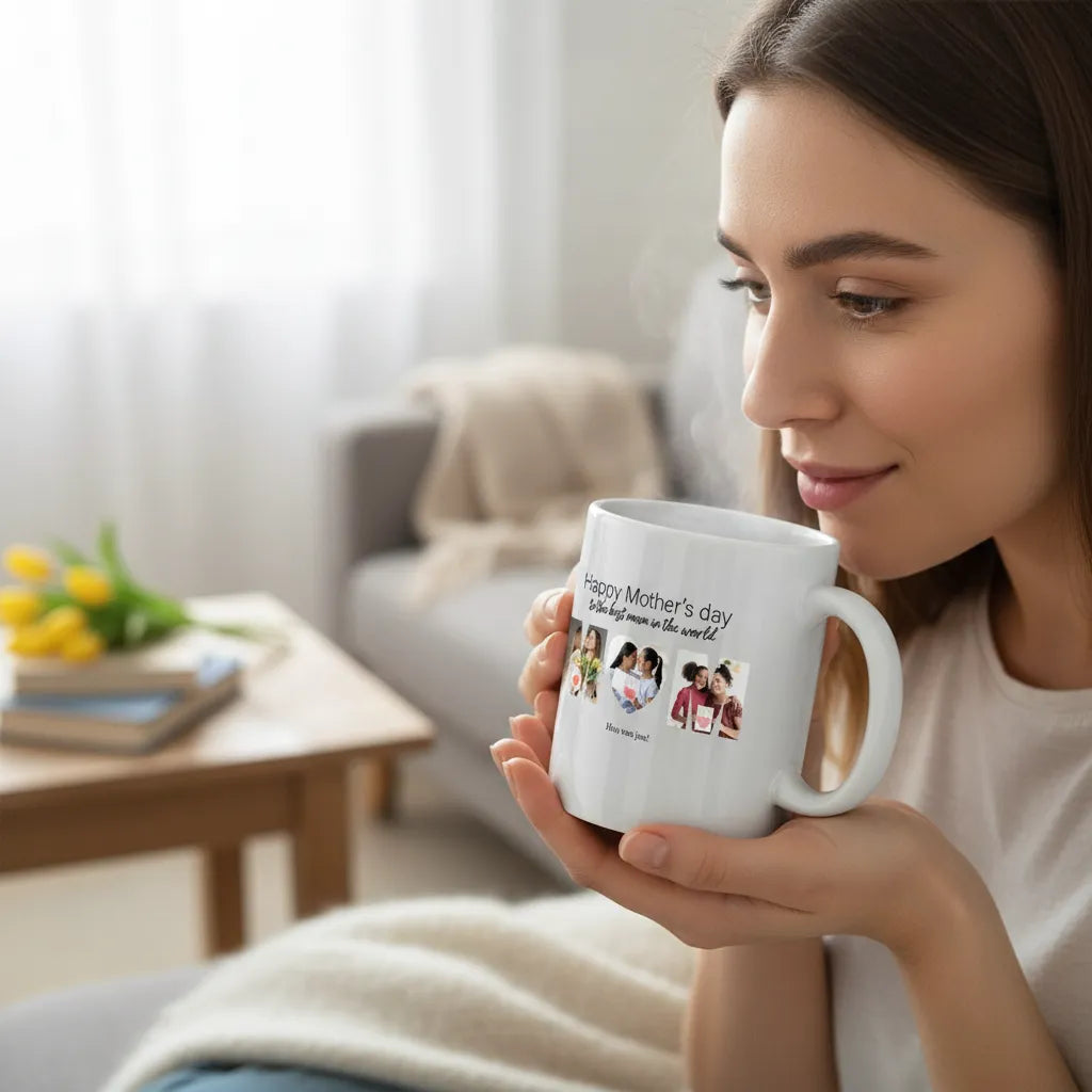 Gepersonaliseerde Moederdag mok met foto’s – MOM ontwerp met tekst