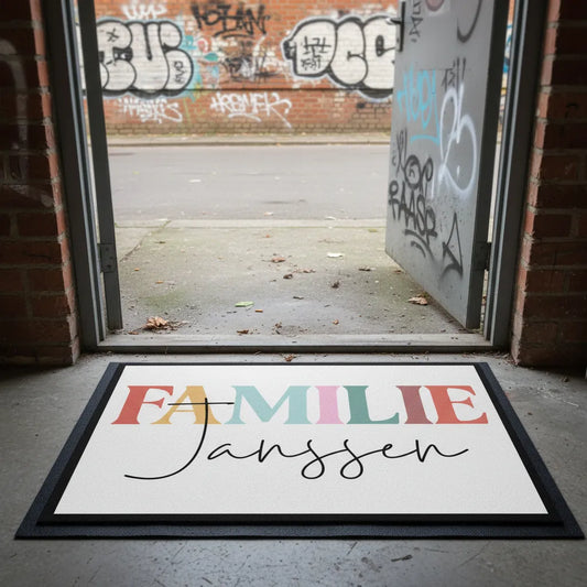 Deurmat  gepersonaliseerd met familienaam – Kleurrijk & sierlijk ontwerp - In 3 verschillende maten