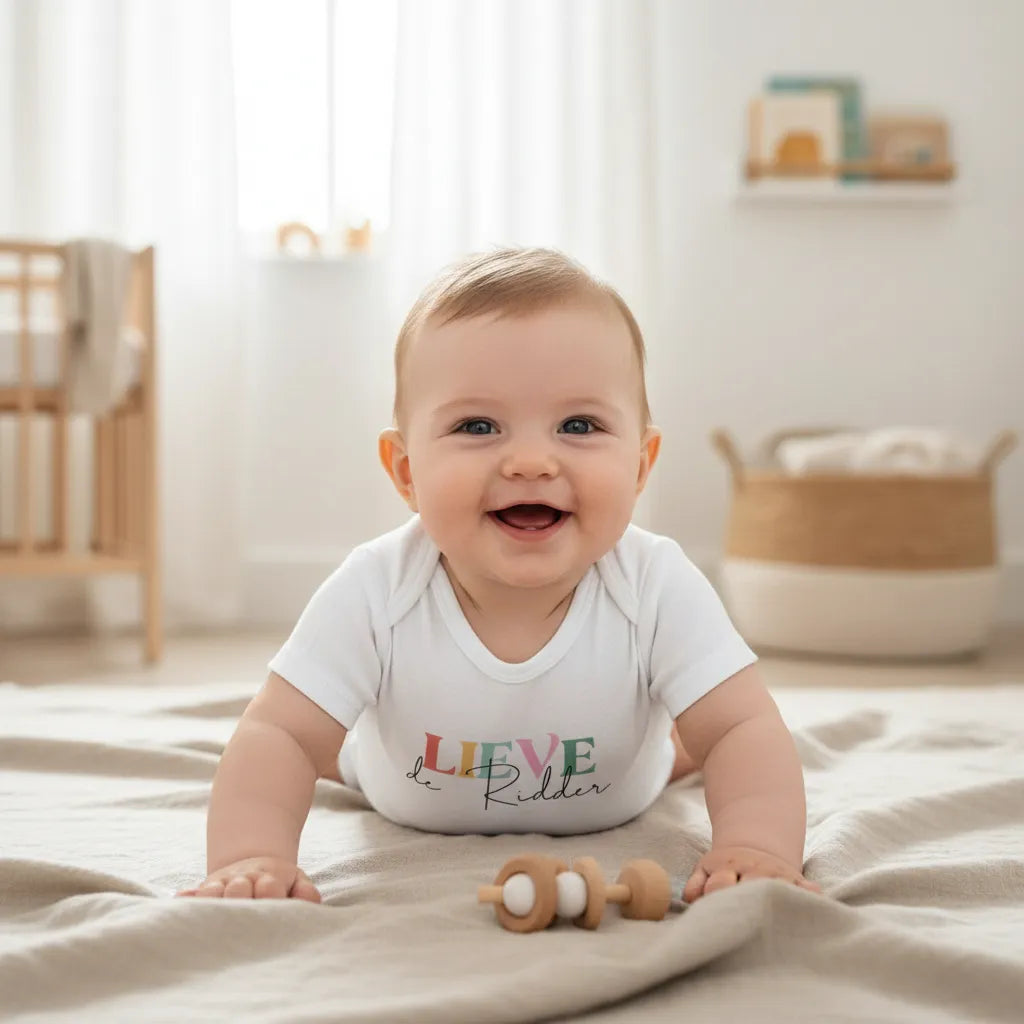 Gepersonaliseerd rompertje met naam - maat 62/68 – Kleurrijk & sierlijk design