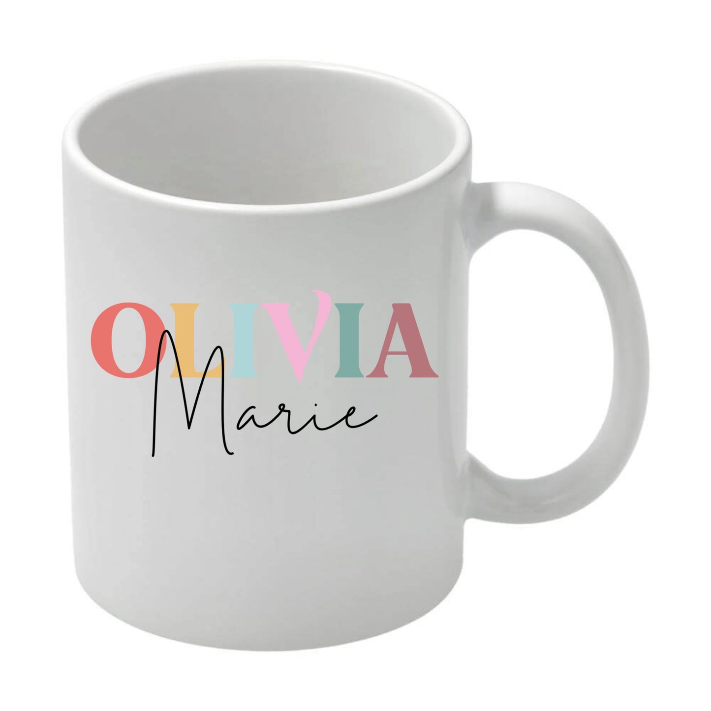 Gepersonaliseerde mok met naam – Kleurrijke voornaam & sierlijke achternaam