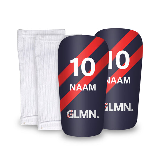 v.v. Glimmen scheenbeschermers - met je eigen naam en nummer - Diverse maten