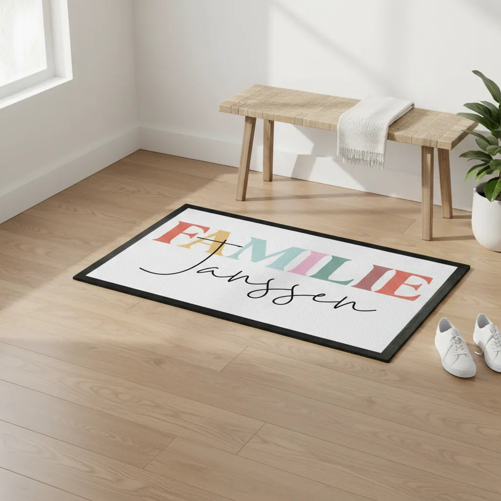 Deurmat  gepersonaliseerd met familienaam – Kleurrijk & sierlijk ontwerp - In 3 verschillende maten