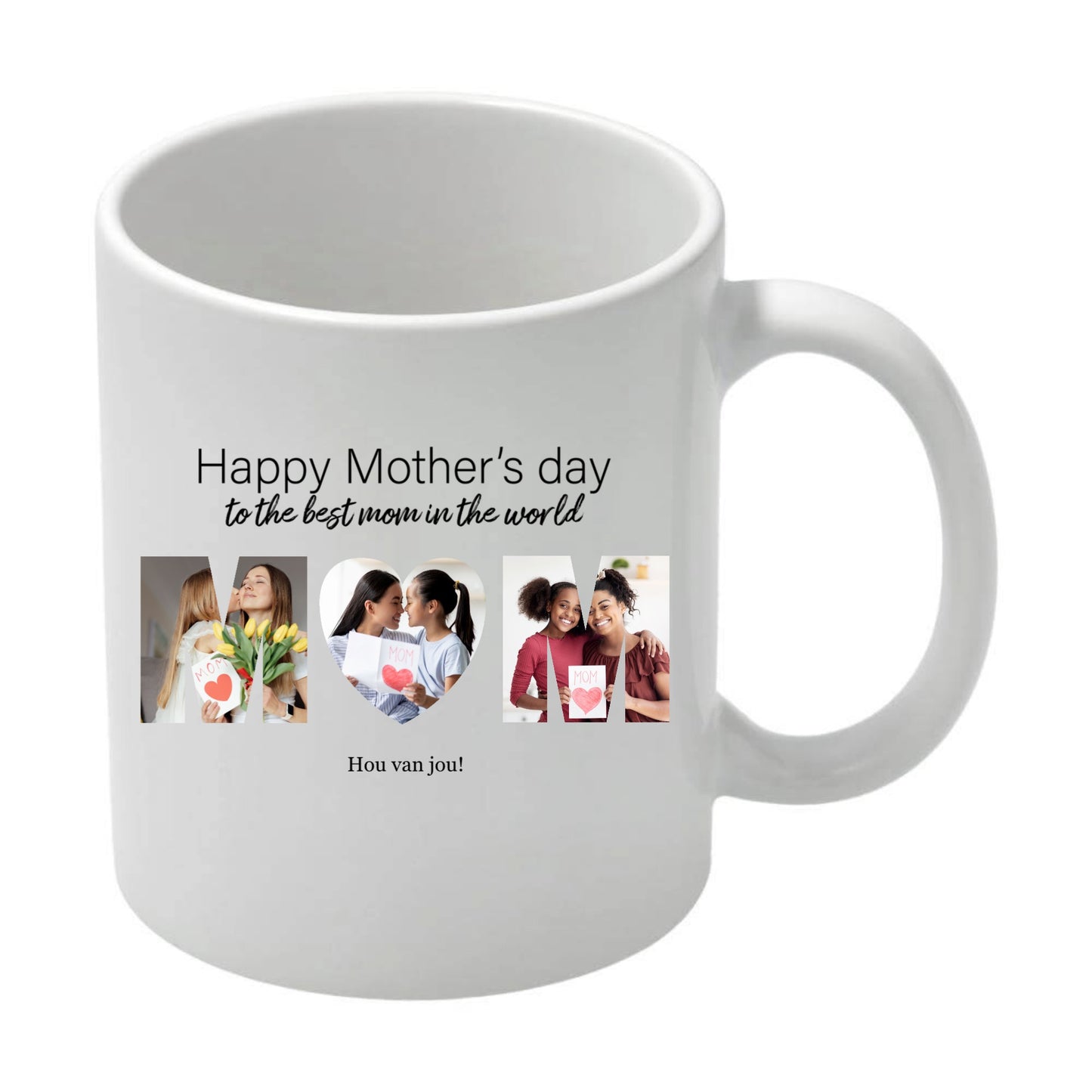 Gepersonaliseerde Moederdag mok met foto’s – MOM ontwerp met tekst